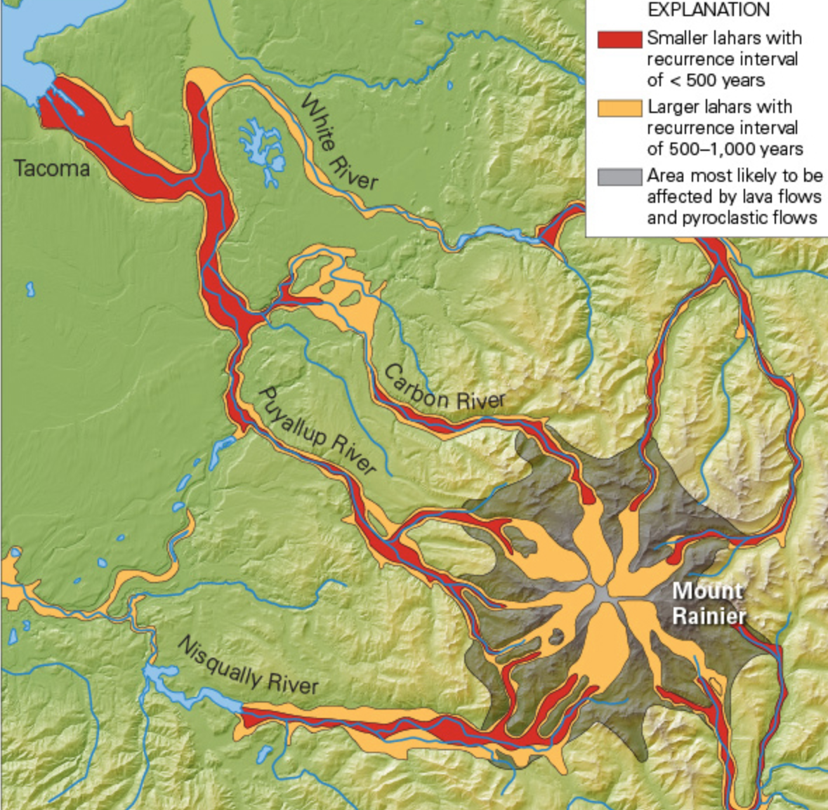<p><span>The figure below shows a volcanic hazard map for Mount Rainier in Washington State. Based on this map, which volcanic hazard(s) should Tacoma be prepared for if Mount Rainier erupts?</span></p>