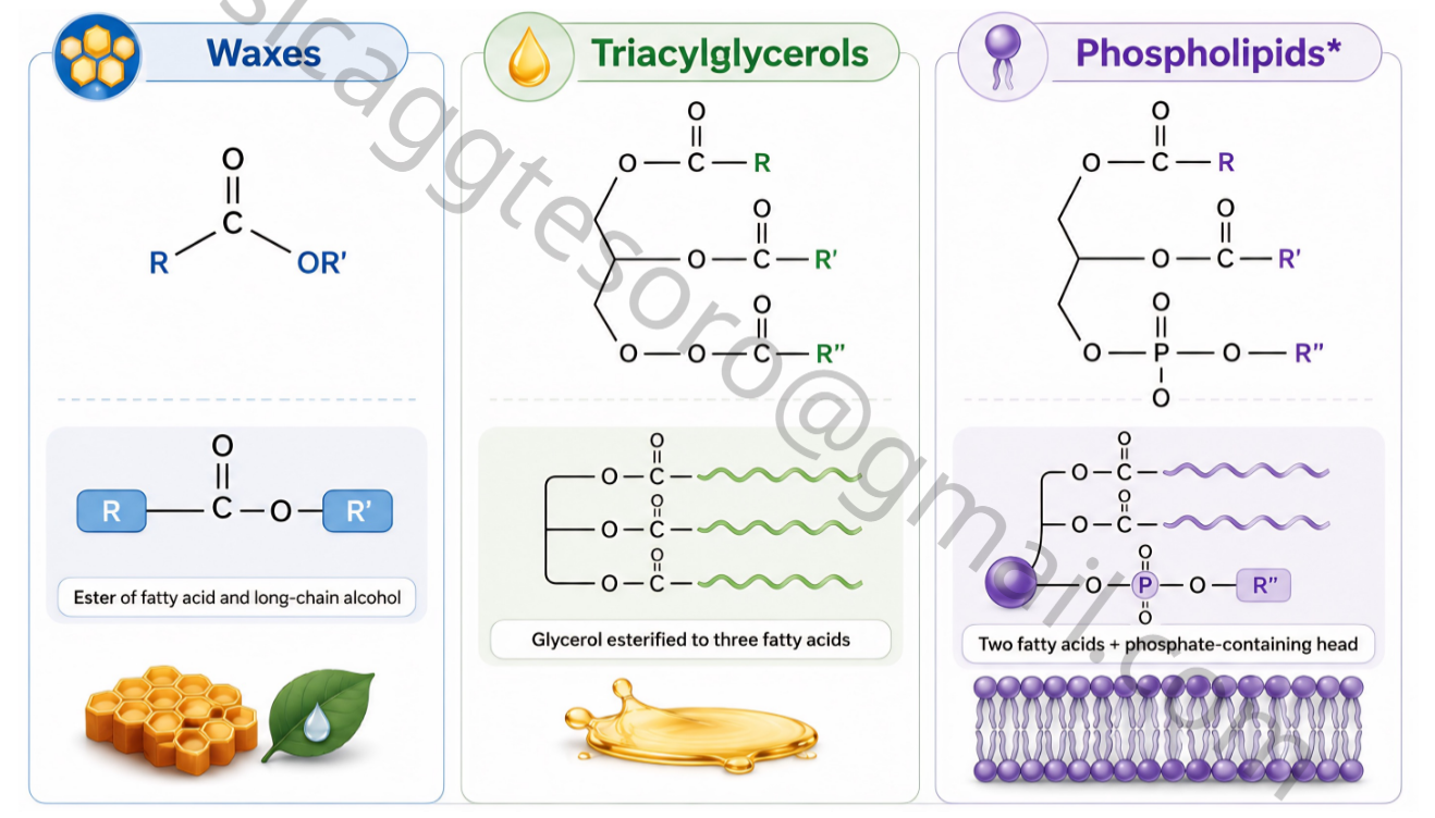 <ol><li><p><strong><u>Biological Waxes</u></strong><br>= simplest hydrolyzable lipids<br>= esters from: high MW ROH + 1 fatty acid (RCOOH)<br>= hydrophobic, used in water-proofing<br>> cosmetic&nbsp; &nbsp; &nbsp;> food industry (coat)&nbsp; &nbsp; > plant biology (gabi)</p></li><li><p><strong><u>TAGs (Triacylglycerol/Triglyceride)</u></strong><br>= most abundant lipid<br>= fats/oils<br>= 3 FA + 1 glycerol<br>> saturated&nbsp; &nbsp;> unsat</p></li><li><p><strong>Phospholipid</strong><br><strong>1. PAGs /Phospoacylglycerol/ Phosphoglyceride</strong><br><strong>2. Sphingomyelins)<br></strong>= organic derivatives of phosphoric acid with<br>&nbsp; >&nbsp; glycerol/sphingosine&nbsp; > 2 FA&nbsp; &nbsp;> phosphate<br>=&nbsp;“membrane lipids”</p></li></ol><p></p>