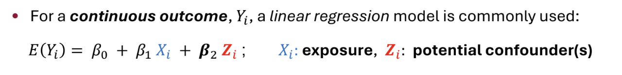 <p>We can adjust for confounders in regression models, including linear, logistic and Cox regression models. We obtain an ‘adjusted effect’</p><p></p><p>Popular because</p><ul><li><p>Continuous variables can be included without the need for categorisation</p></li><li><p>Several confounders can be accounted for</p></li><li><p>Models fitted easily using standard statistical software</p></li></ul><p></p>