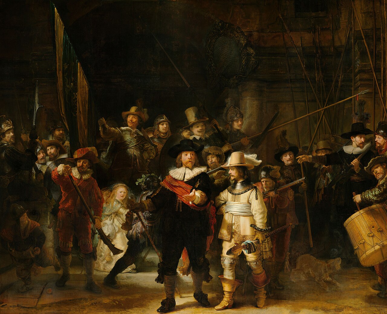 <ul><li><p>Depicts the militia company of Captain Frans Banning-Cocq </p></li><li><p>Depicts Cocq’s 18 guards with their pikes </p></li><li><p>The namesake painter, instead of paying the guards 100 guilders each as was typical for the day, agreed to vary the sum according to the degree of visibility of each man, as he was painting the guards shrouded in the shadow </p></li><li><p>The painting’s admirers said it made other militia portraits “look like playing cards” </p></li></ul><p></p>