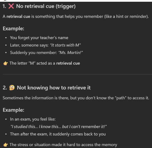<p><span style="background-color: inherit; line-height: 20.7px; color: windowtext;">While LTM is considered to have a potentially unlimited amount of information, this does not mean that we have the capacity to retrieve all this information --> sometimes, we are unable to retrieve and access information in LTM as we may be unaware of how to retrieve it or are not prompted by the right retrieval cues</span><span style="line-height: 20.7px; color: windowtext;"> </span></p><p></p>