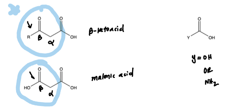 <ol><li><p>Beta Ketoic Acid (double carbonyl with carboyl at Beta carbon)</p></li><li><p>Maleic acid (double carbonyl with C.A. carbonyl at Beta carbon)</p></li><li><p>Y-COOH where Y = OR, OH, NH<sub>2</sub></p></li></ol><p>You decarboxylate by reacting with heat &amp; acid. Chops off the right CO<sub>2</sub> and the H adds to the alpha carbon.</p><p></p>