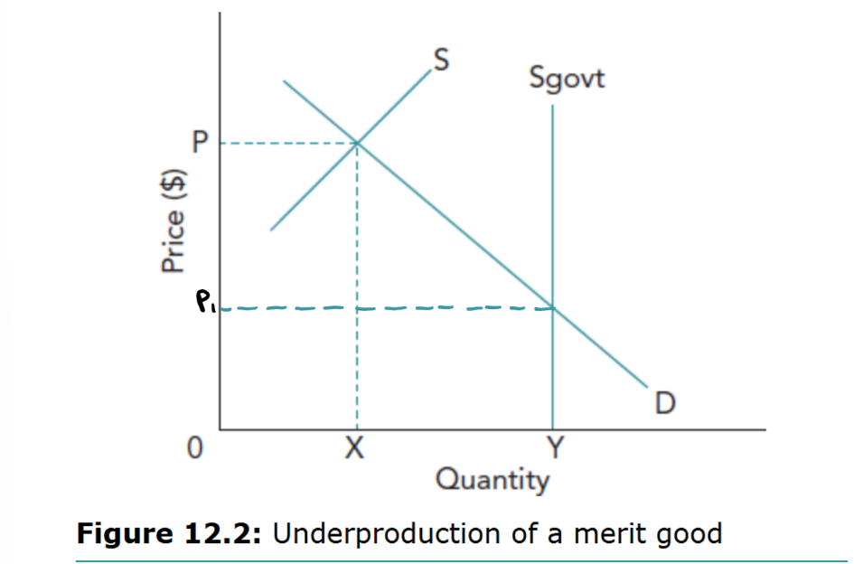 <ul><li><p>When a merit good is left to the private market, supply occurs at OX, where the private supply curve S meets demand D, giving price P. <br>&nbsp;- However, the socially desired output is OY, shown by the government’s vertical supply line Sgovt. <br>&nbsp;- Because OY > OX, the market underproduces the merit good by OY – OX.<br>&nbsp;- Government can correct this by either producing the full amount OY itself or subsidising/providing the additional quantity (OY – OX) so total output meets society’s needs.<br>&nbsp;- This lowers the price to P1 where those who were unable to pay can now pay/consume</p></li></ul><p></p>