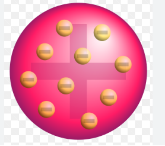 <ul><li><p>jj thompson discovered the <strong>electron (negative particles)</strong></p></li><li><p>his model was a<strong> sphere of positive charge with negative electrons</strong>- atoms carry no overall charge</p></li><li><p><strong>“plum pudding model”</strong></p></li></ul><p></p>