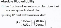 <p>fraction of drug absorbed through non IV compared to IV (which is 100% bioavailable)</p>