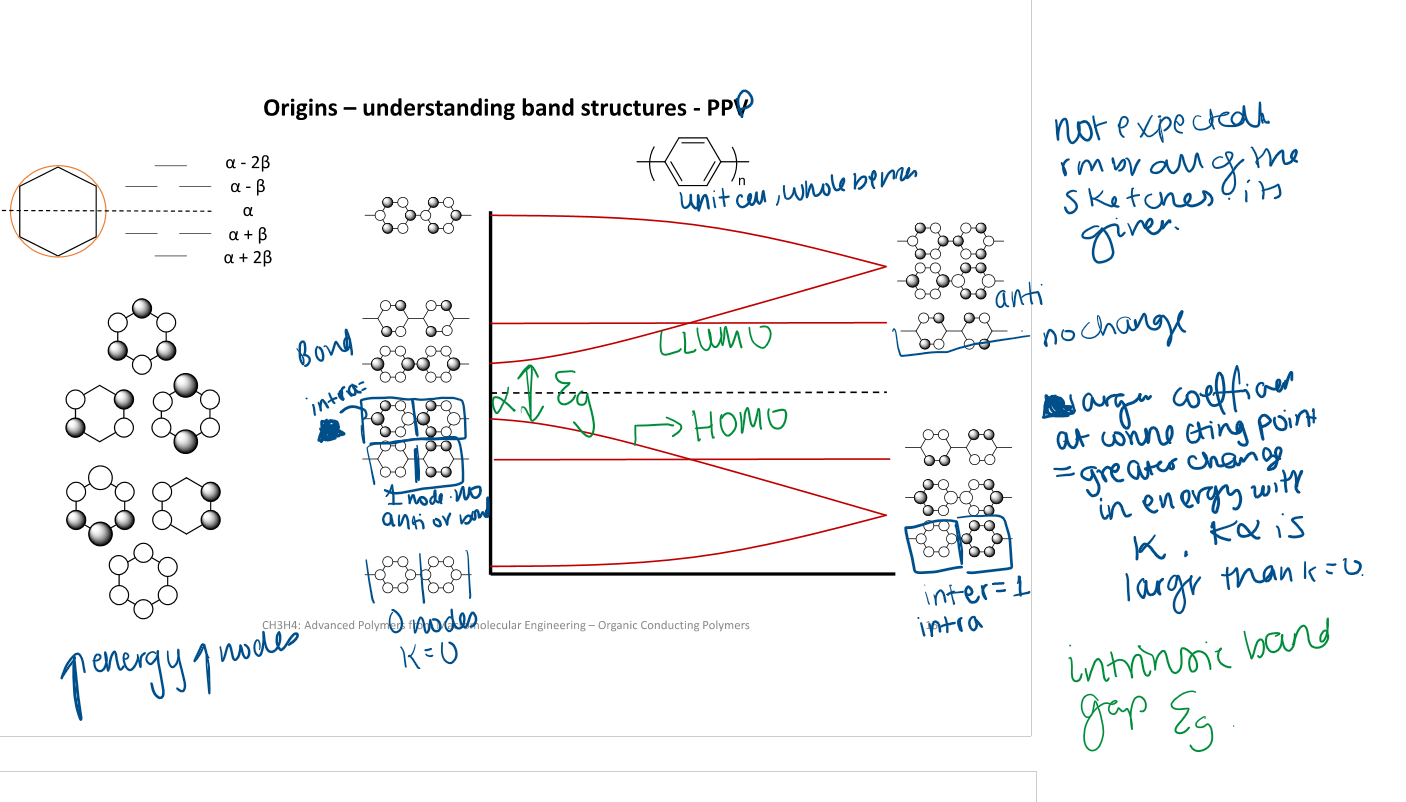 <p>Why is the band structure of poly(p-phenylene) (PPP) more complicated than polyacetylene?</p>