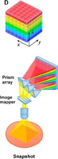 <p>Describe snapshot spectral imaging process &amp; give spectral resolution &amp; speed</p>