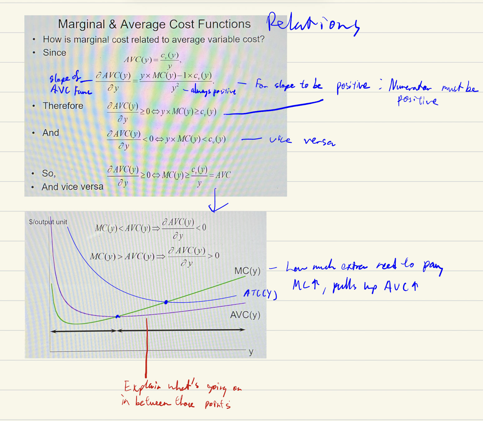<p>MV crosses ATC at ATC’s min<br>MC>AVC⟺AVC&nbsp;is&nbsp;rising <br>MC<AVC⟺AVC&nbsp;is&nbsp;falling <br>MC=AVC⟺AVC&nbsp;is&nbsp;at&nbsp;its&nbsp;minimum</p>