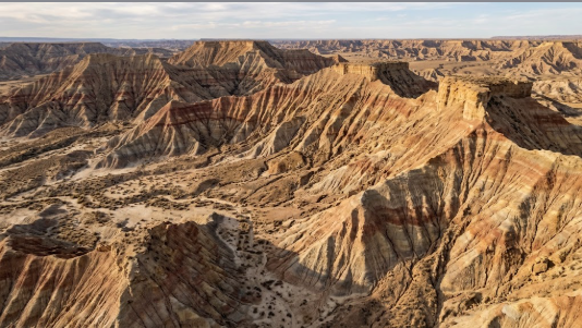<p>What term/concept is being visualized in this image?</p><p>Definition: A severely degraded landscape characterized by steep, barren, and heavily eroded terrain.</p>