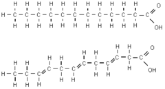 <p>Bottom one - unsaturated fatty acid </p><p>(*Note - double bonds between some of the carbon atoms)</p>