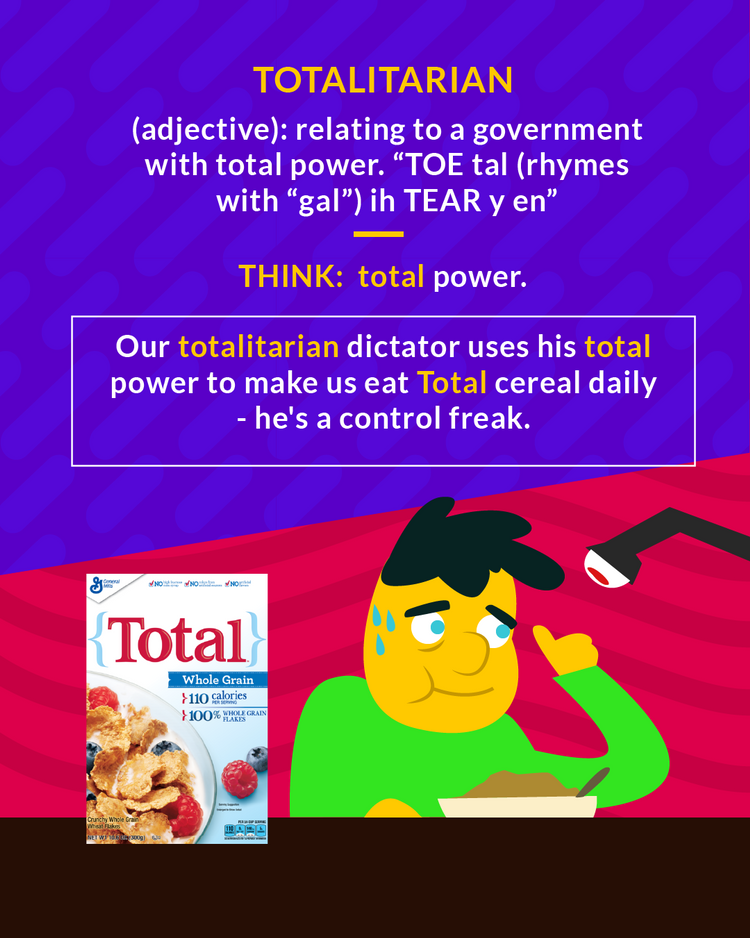 <p>referring to a form of government in which one person or party holds absolute control</p><p>(adj.) relating to a government with total power</p>