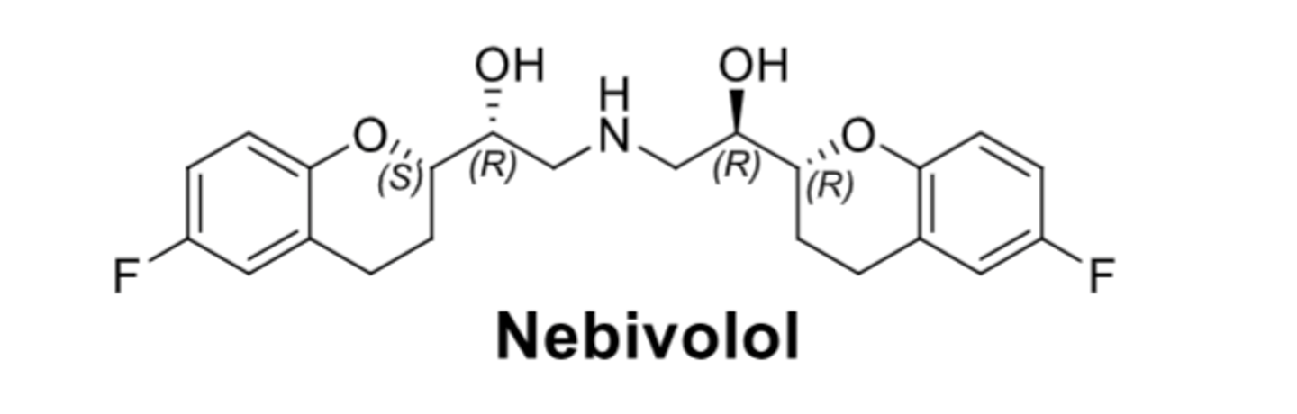 <p>– ß blocking effect almost exclusively SRRR isomer - looks like a mustache and is almost symmetrical </p><p>– NO potentiating vasodilatory effect by stimulating endothelial NO synthesis → ↓peripheral resistance and blood pressure</p><p>- Highly ß1 selective at low dose, but loses its cardioselectivity at higher doses.</p>