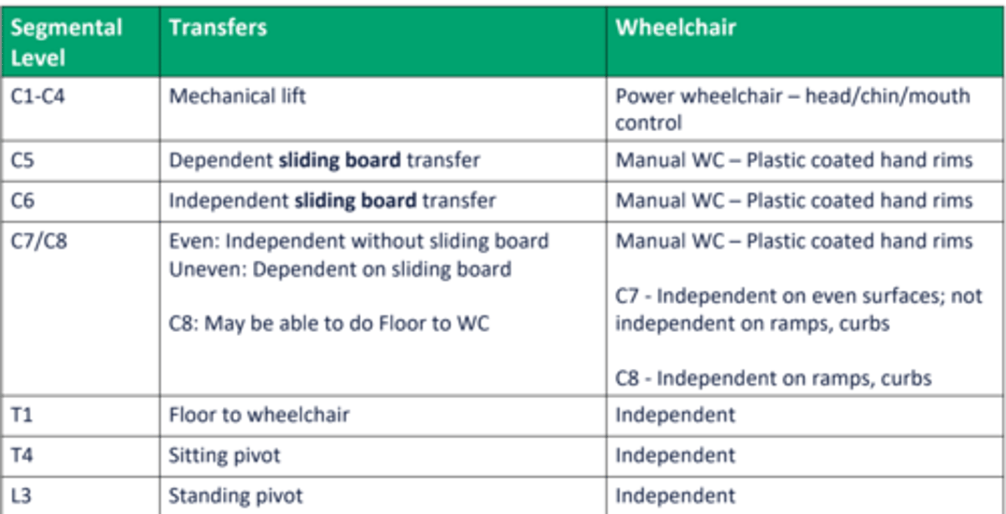<p>look at chart with spinal cord injury functions</p>