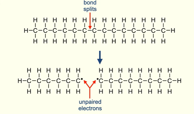<p>A covalent bond between two carbon atoms splits to form intermediate molecules</p><p>When covalent bond splits, the intermediate molecules have one unpaired electron, these are called free radicals.</p>