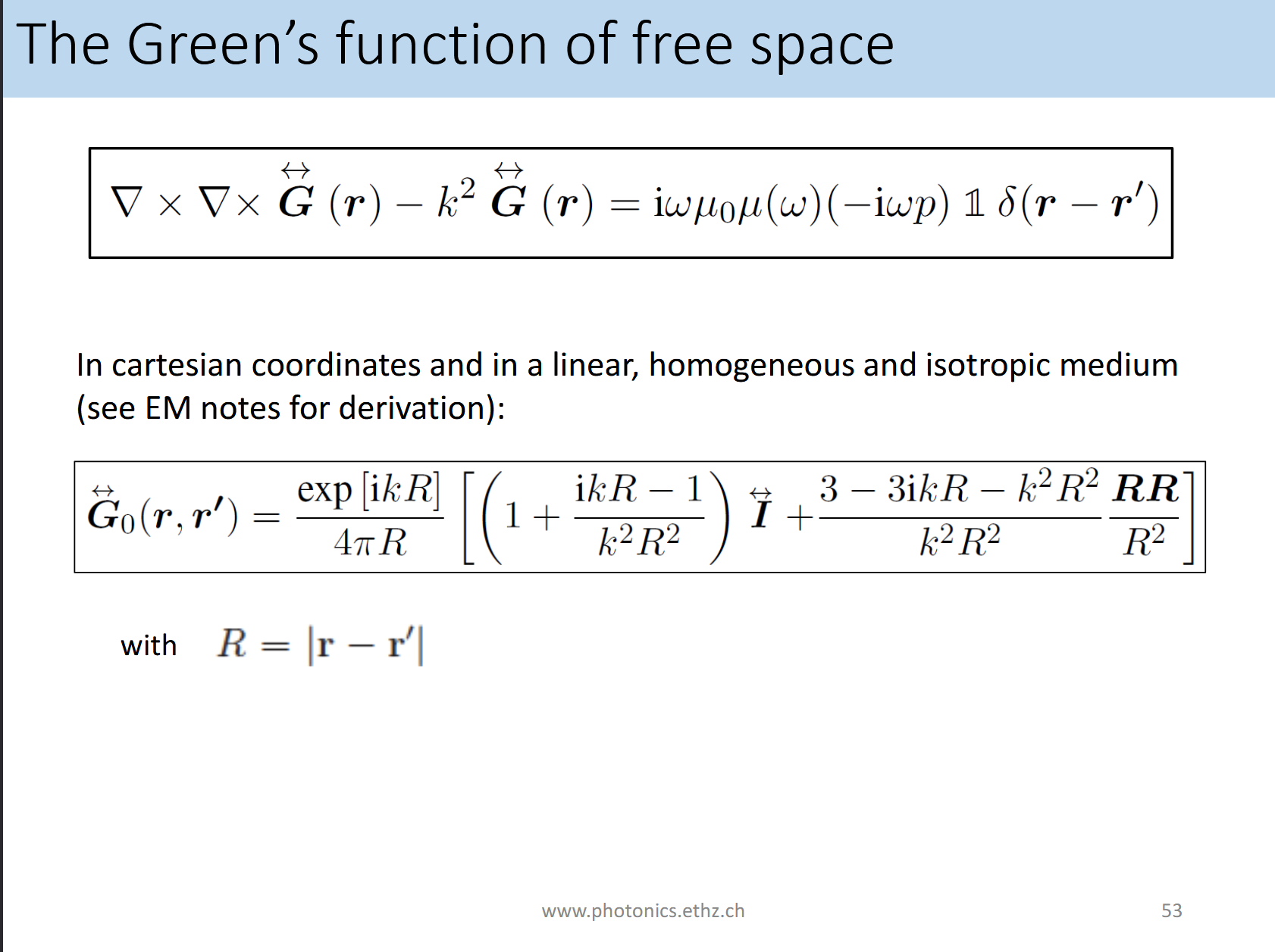 <p>What can you tell about the Green’s function in free space?</p>