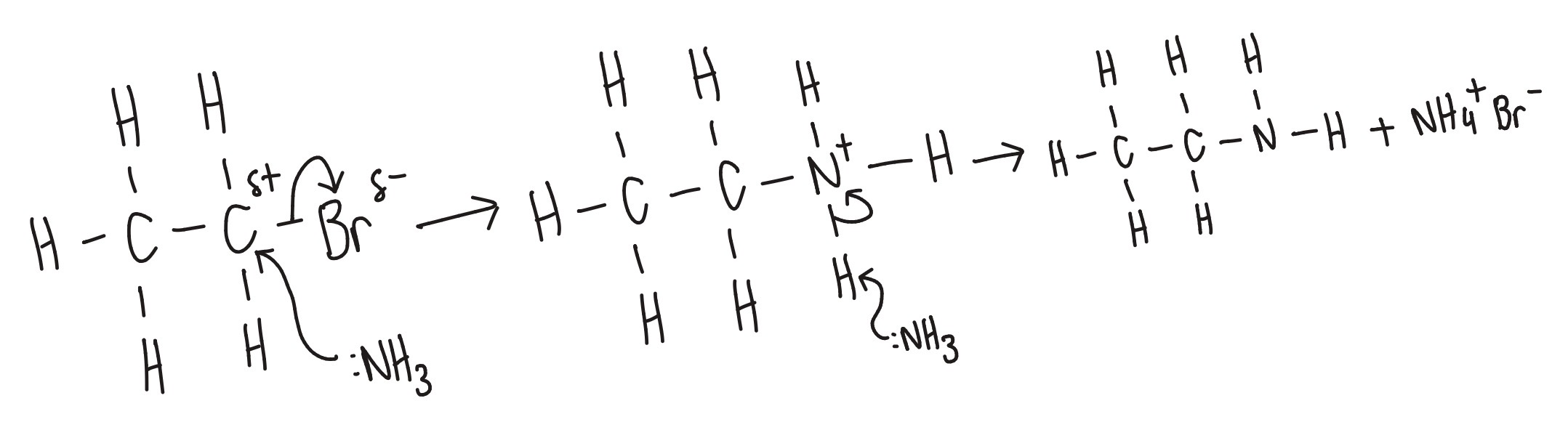 <ul><li><p><strong>Nucleophilic substitution</strong></p></li><li><p><strong>Reagent: </strong>concentrated NH<sub>3</sub></p></li><li><p><strong>Conditions:</strong> excess NH<sub>3</sub>, high pressure, warmed, ethanol solvent </p></li></ul><p></p>