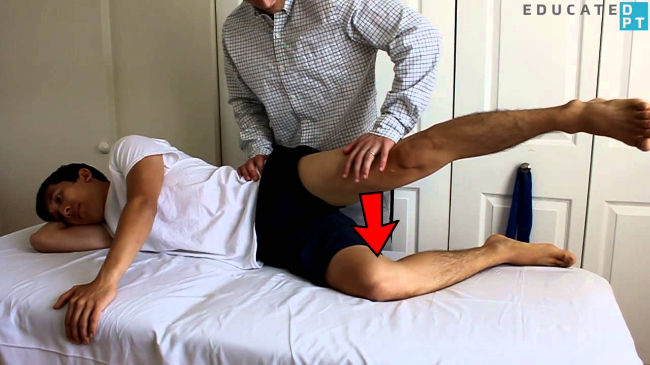 <p>Reposition the leg into slight extension with neutral rotation, firmly stabilize the pelvis to block pelvic rotation, and instruct the patient to lift straight up towards the ceiling</p>