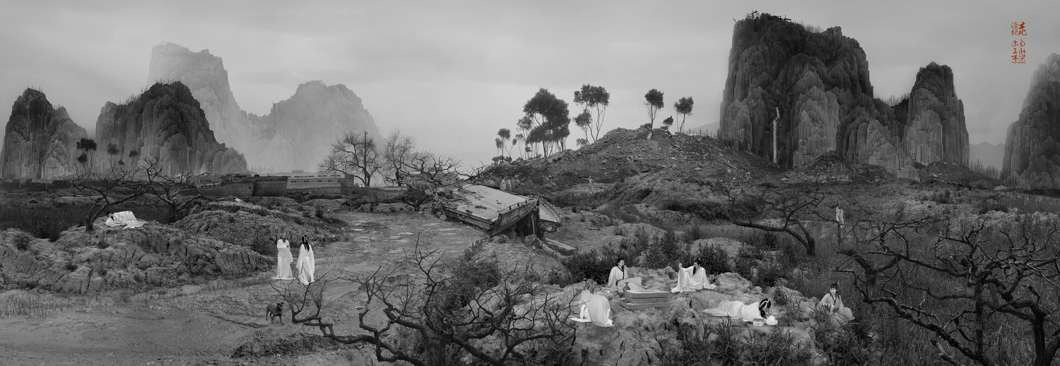 <p>From Artist’s website: “Peach Blossom Colony continues further in style, from a far look, the scene and the people seem to be peaceful, yet when the audience look closer, they will find much more metaphorical elements that signify a post- industrialization modern world we live in.”</p>