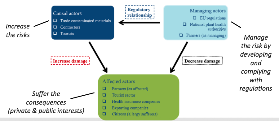 1. Causal actors (increase the risk) 2. Affected actors (suffer the consequences) 3. Managing actors (try to control or reduce the risk)