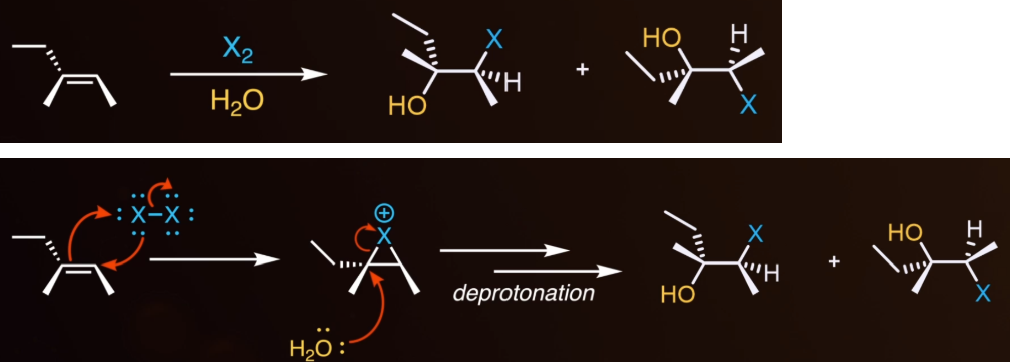 <p><span style="background-color: transparent;">alkene to halohydrin (OH on one side, halogen on the other), gives both enantiomers with anti addition. OH bonds to the more substituted carbon, and a halonium is the intermediate.</span></p><ul><li><p><span style="background-color: transparent;">Reagents: X<sub>2</sub> and H<sub>2</sub>O</span></p></li></ul><p></p>