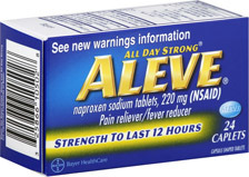<p>Brand: Aleve</p><p>Class: NSAID</p><p>Drug Interactions:</p><p>1) Can lead to higher Lithium Levels</p><p>2) Can lead to higher Methotrexate Levels</p><p>Interaction: Increased Risk of Bleeding with Coumadin</p><p>Indication: Pain/Inflammation Relief</p><p>Schedule: OTC & NCLM (strength)</p>