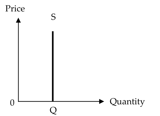<ul><li><p>quantity supplied is completely unresponsive to price changes</p><ul><li><p>e.g. collectors’ items such as antiques and famous art pieces → usually exist in extremely limited<br>supply (in some cases, there is only one original piece available) ⇒ the quantity supplied of these goods cannot be raised even if consumers are willing to pay more</p></li><li><p>e.g. short run supply of highly perishable products like fresh fish ⇒ depending on the size of the fishermen’s catch for the day, a certain number of fresh fish will be available per day (and hence the quantity supplied is fixed)</p></li></ul></li><li><p>illustrated by a vertical supply curve</p></li></ul><p></p>
