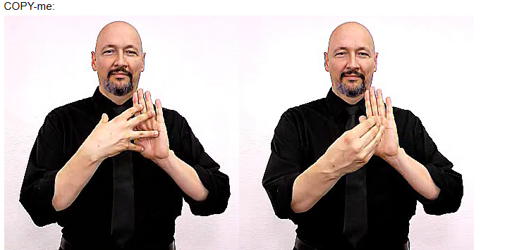 <p>hold non dom hand up like “stop”. Use dominant hand face the palm to other hand and pull outward to receiver</p>
