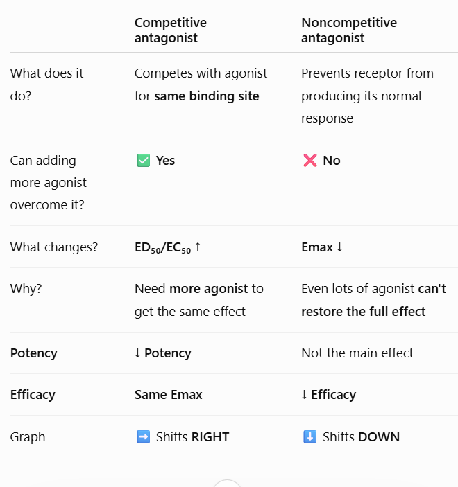 <ul><li><p><span style="background-color: transparent; font-family: "Times New Roman", serif;"><strong>Competitive</strong> antagonists change <strong>ED50</strong> (potency).</span></p></li><li><p><span style="background-color: transparent; font-family: "Times New Roman", serif;"><strong>Noncompetitive</strong> antagonists change <strong>Emax</strong> (efficacy).</span></p></li></ul><p></p>