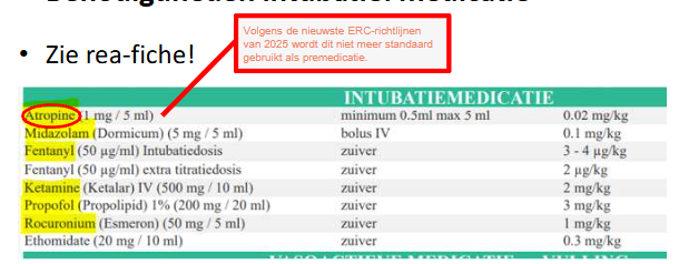 <p>-Tube met of zonder cuff:</p><ul><li><p>>1 jaar → (leefijd in jaren :4) + 4 = binnendiameter endotracheale tube in mm zonder cuff.</p></li><li><p>Bij een tube met cuff is het deze formule -0,5mm</p></li><li><p>Leg ook steeds één tube groter en één tube kleiner klaar.</p></li><li><p>Bij een orotracheale tube bepaal je de lengte als volgt: (leeftijd:2) + 12 = lengte cm</p></li><li><p>Bij een nasotracheale tube bepaal je de lengte als volgt: (leeftijd:2) + 15 = lengte cm</p></li></ul><p>-Fixatiemateriaal (liefst zijden pleisters).</p><p>-Laryngoscoop met juist blad (vooraf lampje controleren!): gebogen blad (volgens Macintosh) of recht blad (volgens Miller).</p><p>-Voersonde</p><p>-Aspiratiemateriaal (Yankauer).</p><p>-Bij nasotracheale intubatie een magilltang.</p><p>-Beademingsballon + 100% O2 + correct masker.</p><p>-Eventueel glijmiddel bij nasale intubatie.</p><p>-Siliconenspray </p><p>-Maagsonde en spuit (overtollige lucht uit de maag verwijderen om braken te voorkomen).</p><p>-Monitor + O2-saturatiemeter</p><p>-Capnometer (CO2 in uitademing).</p><p>-Mayocanule om de luchtweg open te houden.</p><p>-Beademingstoestel.</p><p>-Medicatie (zie foto).</p><p>=> Voor de intubatie ga je eerst voldoende pre-oxygeneren. Je probeert maximum 30 seconden te intuberen (daarna opnieuw oxygeneren?). </p><p>=> Na de intubatie controleer je of de tube goed zit → thoraxexcursies symmetrisch en AH-geruis aan beide zijden gelijk + controleren of het op de juiste plaats zit.</p>