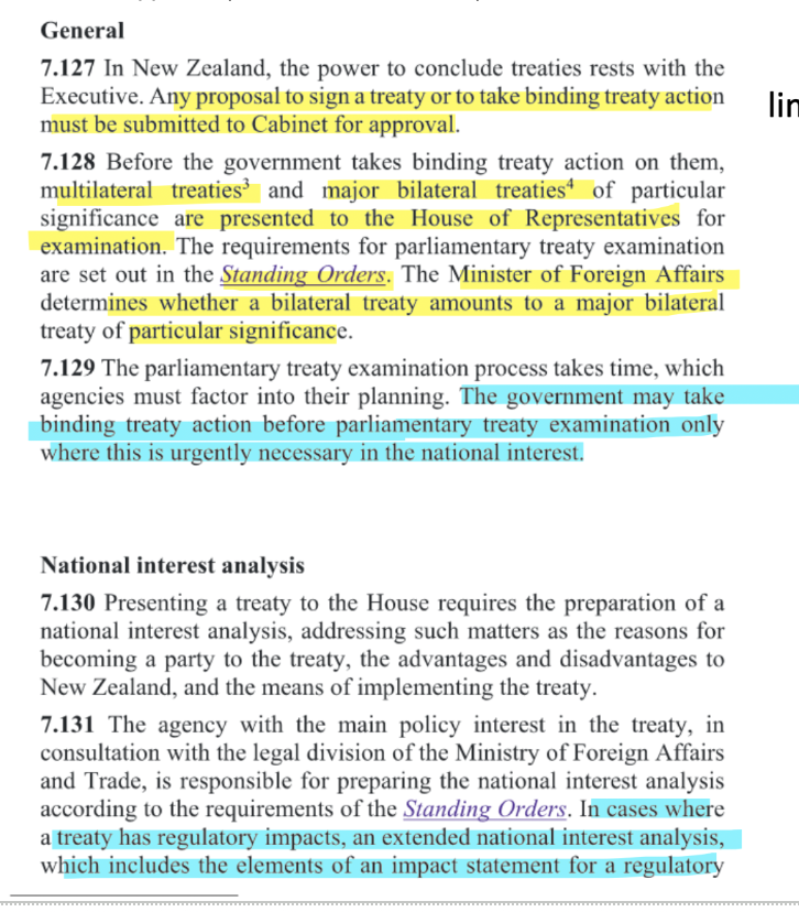 <p><span style="background-color: transparent;">Any proposal to sign a treaty or take binding treaty action must be submitted to cabinet for approval (<em>Cabinet Manual</em>, 7.127)</span></p>