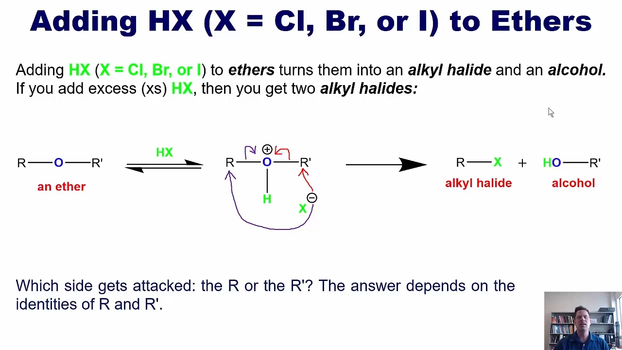 <p>Add HX, Cl Br or I and form an alkyl halide and an alcohol </p>