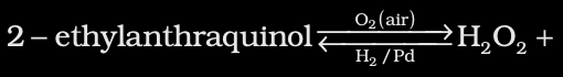 <ol><li><p>Acidifying barium peroxide and removing excess water by evaporation under reduced pressure</p><ol><li><p>BaO₂.8H₂O + H₂SO₄ → BaSO₄ + H₂O₂ + 8H₂O</p></li></ol></li><li><p>Peroxodisulphate , obtained by electrolytic oxidation</p><ol><li><p>2HSO₄⁻¹ → HO₃SOOSO₃ (Electrolysis)</p></li><li><p>HO₃SOOSO₃ → 2HSO₄⁻ + 2H⁺ + H₂O₂ (Hydrolysis)</p></li></ol></li><li><p>Auto-oxidation of 2-alkluanthraquinols </p></li></ol><p></p><p></p>
