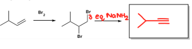 <p>1) Br2, 2) 3 eq NaNH2, neither regioselective, neither stereoselective, no rearrangement (bromination followed by double elimination to terminal alkyne)</p>