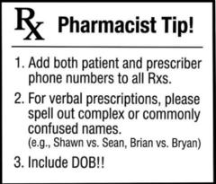 <p>- Patient's name and address </p><p>- Prescriber's name and address or other identifier (NPI)</p><p>- Prescriber's DEA# (for CDS) </p><p>- Date written </p><p>- Drug name and quantity </p><p>- Directions</p><p>- WET signature (manually signed for hardcopy prescriptions)</p><p>DOB, phone # (pt and yours), spell out names!</p>