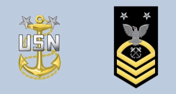 <p>Collar device (Left) : A gold fouled anchor with a silver USN superimposed across the anchor below two stars.</p><p>Sleeve (Right) : Three chevrons below one rocker below one eagle below two stars centered above the eagle.</p>
