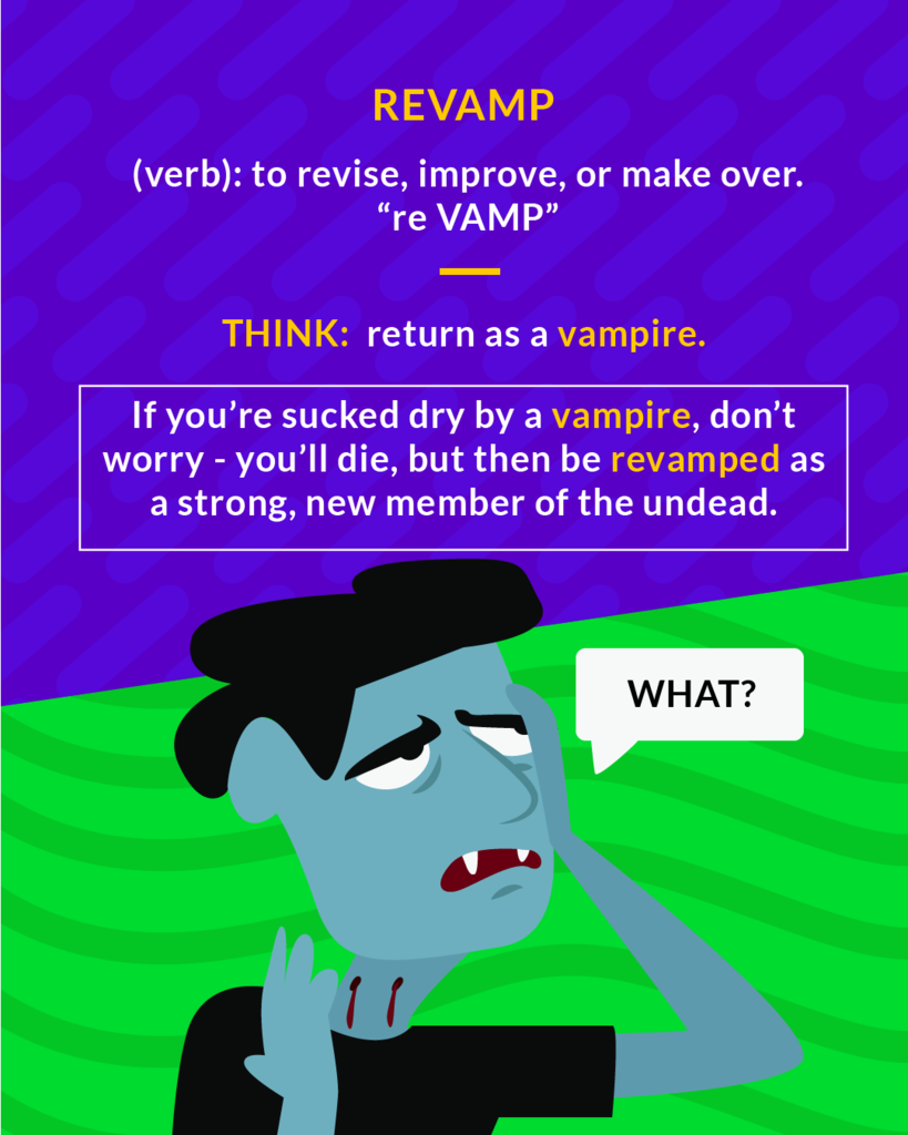 <p>(verb) to revise; to renovate</p><p>(verb) to revise, improve or make over</p>