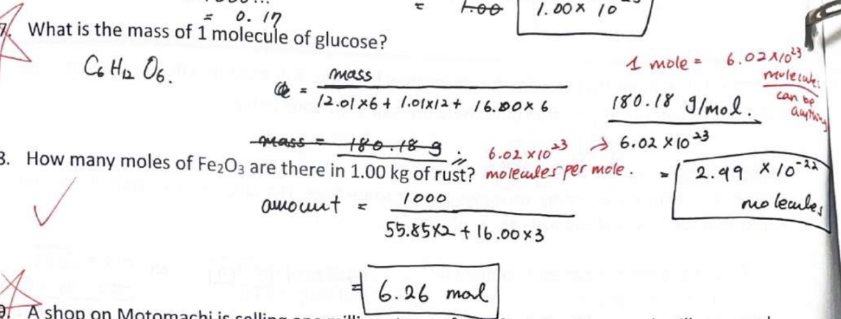 <p>Mass per molecule = 2.99 × 10<sup>-22</sup> g</p>