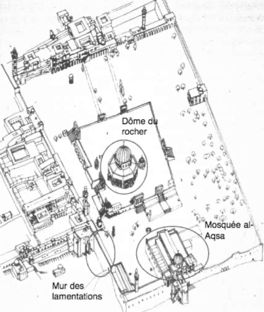 <p><strong>Le Dôme du Rocher à Jérusalem</strong></p><p>construit<span style="background-color: transparent;"><strong> sur le Mont Moriah </strong>(Haram al-Sharif), </span>autour d’un rocher sacré appelé la Sakhra, dans la partie sud-est de la ville ancienne <span style="background-color: transparent;">à Jérusalem, </span>construit <span style="background-color: transparent;">sous le règne <strong>d’</strong></span><span style="background-color: transparent; color: rgb(54, 101, 246);"><strong>Abd al-Malik</strong></span> en <span style="color: rgb(255, 24, 24);"><strong>691-692</strong></span>. <span style="background-color: transparent;">Cette esplanade correspond à l’esplanade du temple là où il y aurait eu le temple de Salomon</span></p><p><span style="background-color: transparent;"><strong>Haram al-Sharif</strong> = lieu où il y a eu la ligature d’Isaac (très signifiant chez les juifs et les chrétiens)</span></p><p><span style="background-color: transparent;">il fait<strong> face au mont Golgotha, là où il y a le saint sépulcre</strong>, où se trouve le tombeau de Jésus - significatif</span></p><p><span style="background-color: transparent;">Rocher est surtout dans le sol. sous le rocher il y a une grotte.</span></p><p><strong>Sur l’esplanade, trois ensembles majeurs doivent être retenus :</strong></p><p class="p1">• le Dôme du Rocher, au centre ;</p><p class="p1">• la mosquée al-Aqsa, l’une des plus anciennes mosquées</p><p class="p1">implantées dans la région, bien qu’elle ait été reconstruite à</p><p class="p1">plusieurs reprises ;</p><p class="p1">• le palais omeyyade, situé au sud, aujourd’hui très</p><p class="p1">fragmentaire. </p>