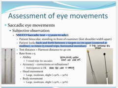 <p>How to score the NSUCO test for subjective observation of saccades?</p>