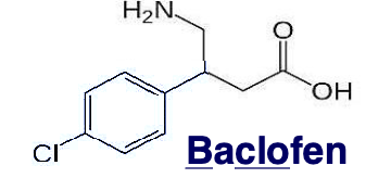 <ul><li><p>specific agonist at GABA B receptors (potassium channels)</p></li><li><p>binding opens the potassium channel and hyperpolarizes the neuron= reduction of the release of excitatory NT in both brain and spinal cord</p></li><li><p>relieves muscle tightness, muscle spasms and stabbing nerve pain related to spine injuries and MS</p></li></ul><p></p>