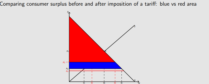 <ul><li><p>Consumer surplus decreases</p></li><li><p>-(a+b+c+d)</p></li></ul><p></p>
