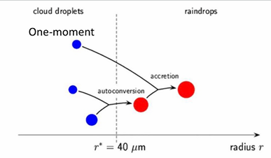 <ul><li><p>assume a fixed distribution</p></li><li><p>only the mass of each hydrometeor category is calculated, e.g. 1kg cloud water</p></li><li><p>essentially the Kessler parameterization</p></li></ul><p></p>