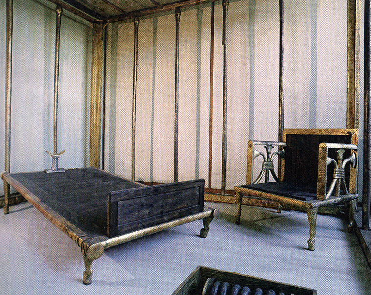 <p>Furniture of Queen Hetepheres (reconstruction), ca. 2613-2494 B.C.E., gilded wood (discovered in 1925)</p><p style="text-align: left;">Wife of Pharaoh Snefru (2613-2589 B.C.E.); the parents of Pharaoh Khufu (Cheops), builder of the largest pyramid of Gizeh (see below)</p><p style="text-align: left;">Found in the oblong burial chamber of a mastaba tomb; dignitaries were buried with food and furniture to assure their well-being in the afterlife</p><p style="text-align: left;">Headboard of bed is really footrest; square design of chair, with flower design</p>