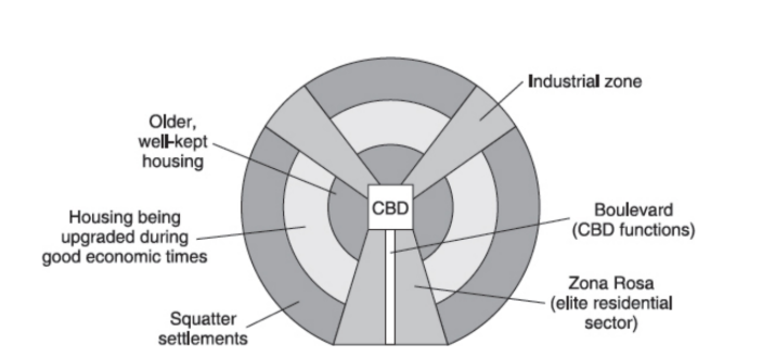 <p>downtown/nucleus of city where retail stores, offices, &amp; cultural activities are concentrated, high building density &amp; transportation systems converge</p>