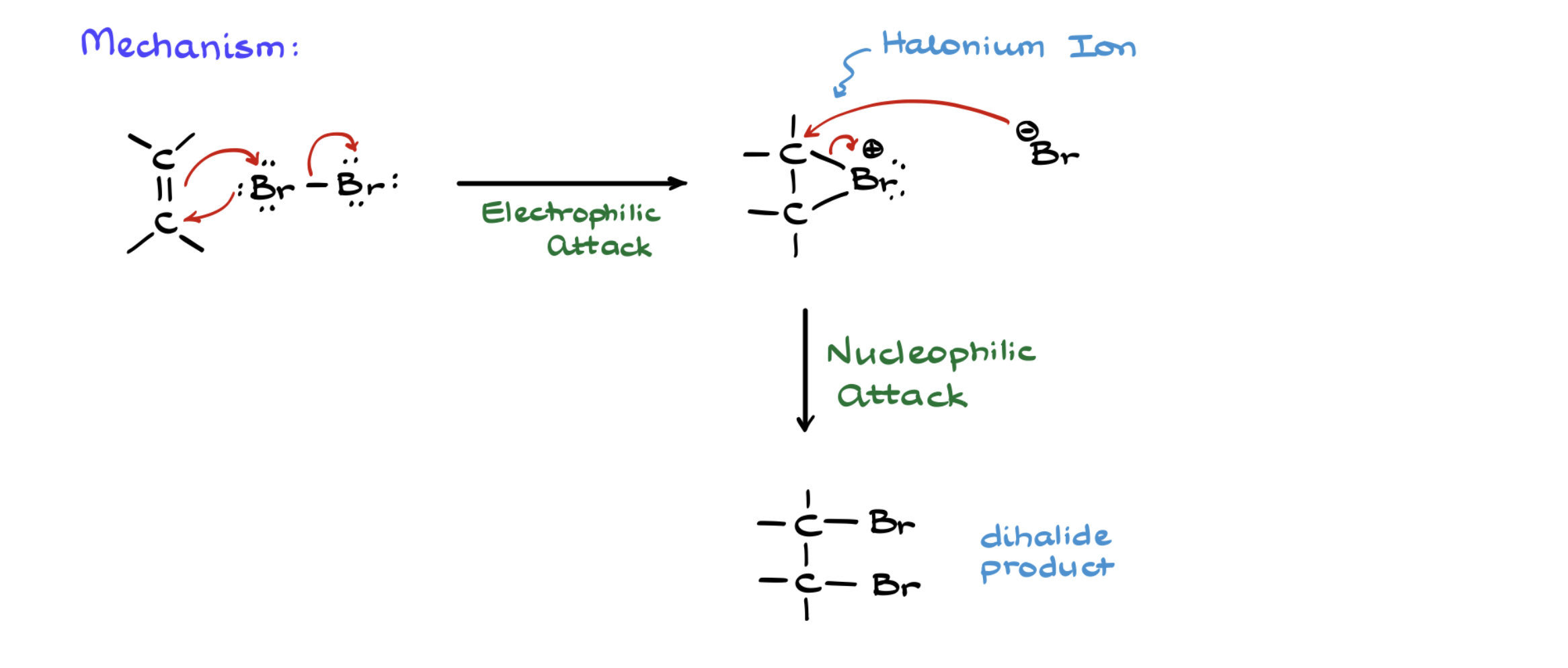 <p>☆ <strong>what is the mechanism of halogenation of an alkene?</strong></p>