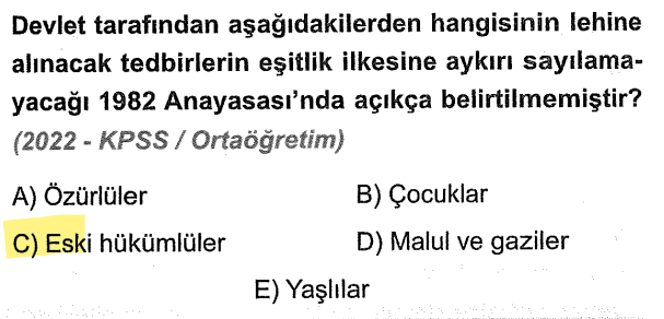 <p>Anayasa'da çocuklar, yaşlılar, engelliler, şehit yakınları ve gaziler için yapılan torpillere eşitlik bozuldu denilemez ama eski hükümlüler bu özel grupta yoktur.</p>