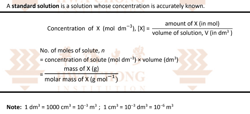 <p>Other formulae:</p><ul><li><p>Mass concentration = Molar concentration x Molar mass</p></li><li><p>C<sub>1</sub>V<sub>1</sub> = C<sub>2</sub>V<sub>2</sub> </p></li></ul><p></p><p>Dilution:</p><ul><li><p>When solution is diluted by adding more solvent, the <strong>concentration of solution decreases</strong>, but the <strong>number of moles of solute remains the same</strong></p></li></ul><p></p>