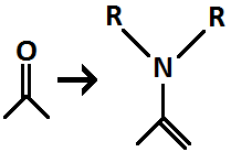 <p>ketone/aldehyde -> enamine</p><p>forms double bond on less substituted side if there's a difference</p><p>addition of a 2º amine to form an enamine</p><p>can be reversed with H3O+</p>
