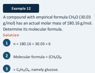 <p>n = actual molar mass ÷ empirical formula molar mass</p><p>Molecular Formula = (Empirical Formula)n</p>