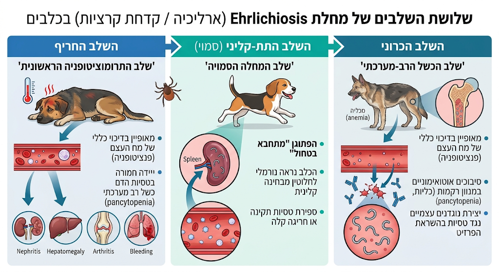 <ul><li><p>חום, חולשה וחוסר אכילה.</p></li><li><p>הגדלה של קשרי הלימפה ושל הטחול (ספלנומגליה).</p></li><li><p>אנמיה וחיוורון.</p></li><li><p><strong>דימומים תת-עוריים (פטכיות - Patheciation) ודימומים מהאף</strong> – נפוצים ואופייניים מאוד לשלב זה עקב אובדן ופגיעה בטסיות הדם.</p></li></ul><p></p>